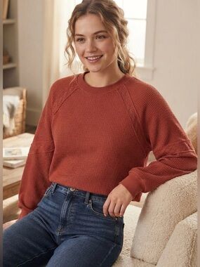 Altar'd State Waffle-Knit Crewneck Sweater in Rust